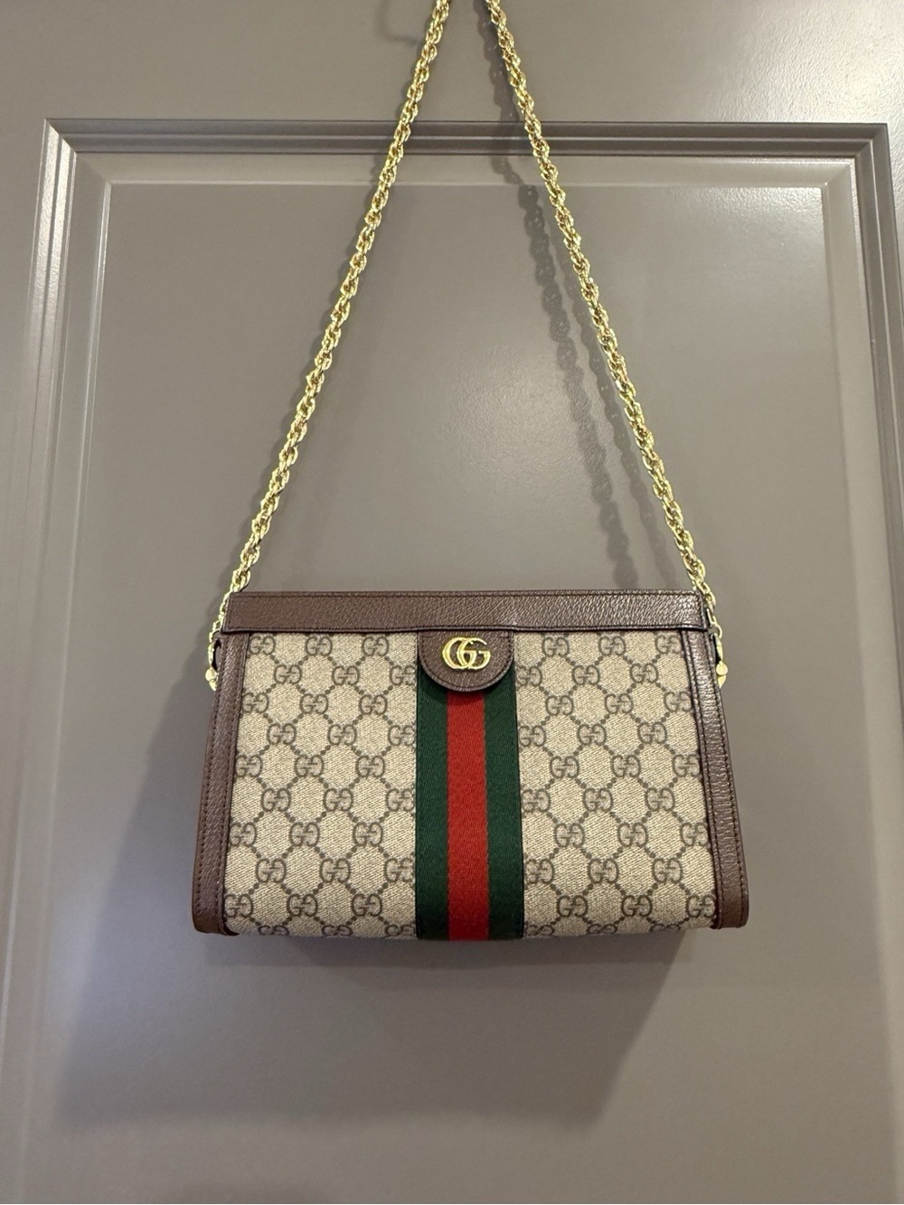 Gucci Ophidia Medium GG Shoulder Bag — Beige/Brown, Web Stripe, Gold Chain